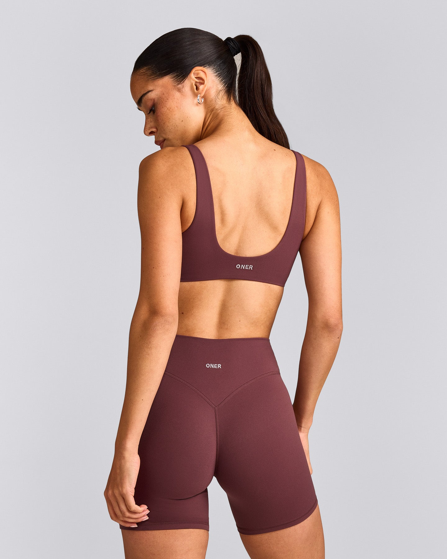 SoftMotion™ Scoop Back Bralette with Gray Logo | Velvet Mocha