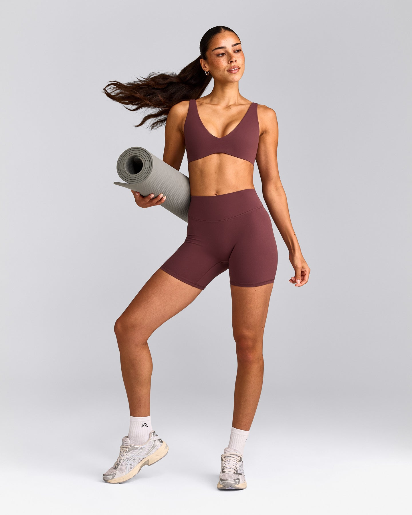 SoftMotion™ Scoop Back Bralette with Gray Logo | Velvet Mocha