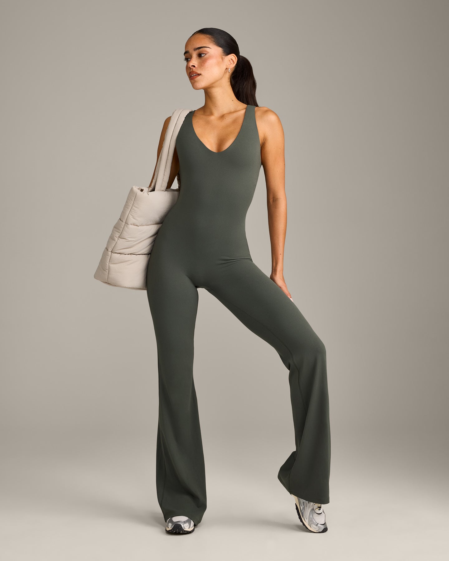 SoftMotion™ Scoop Back Flared All In One Long with Gray Logo | Dark Khaki