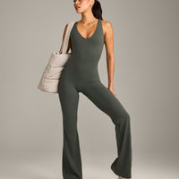 SoftMotion™ Scoop Back Flared All In One Long with Gray Logo | Dark Khaki