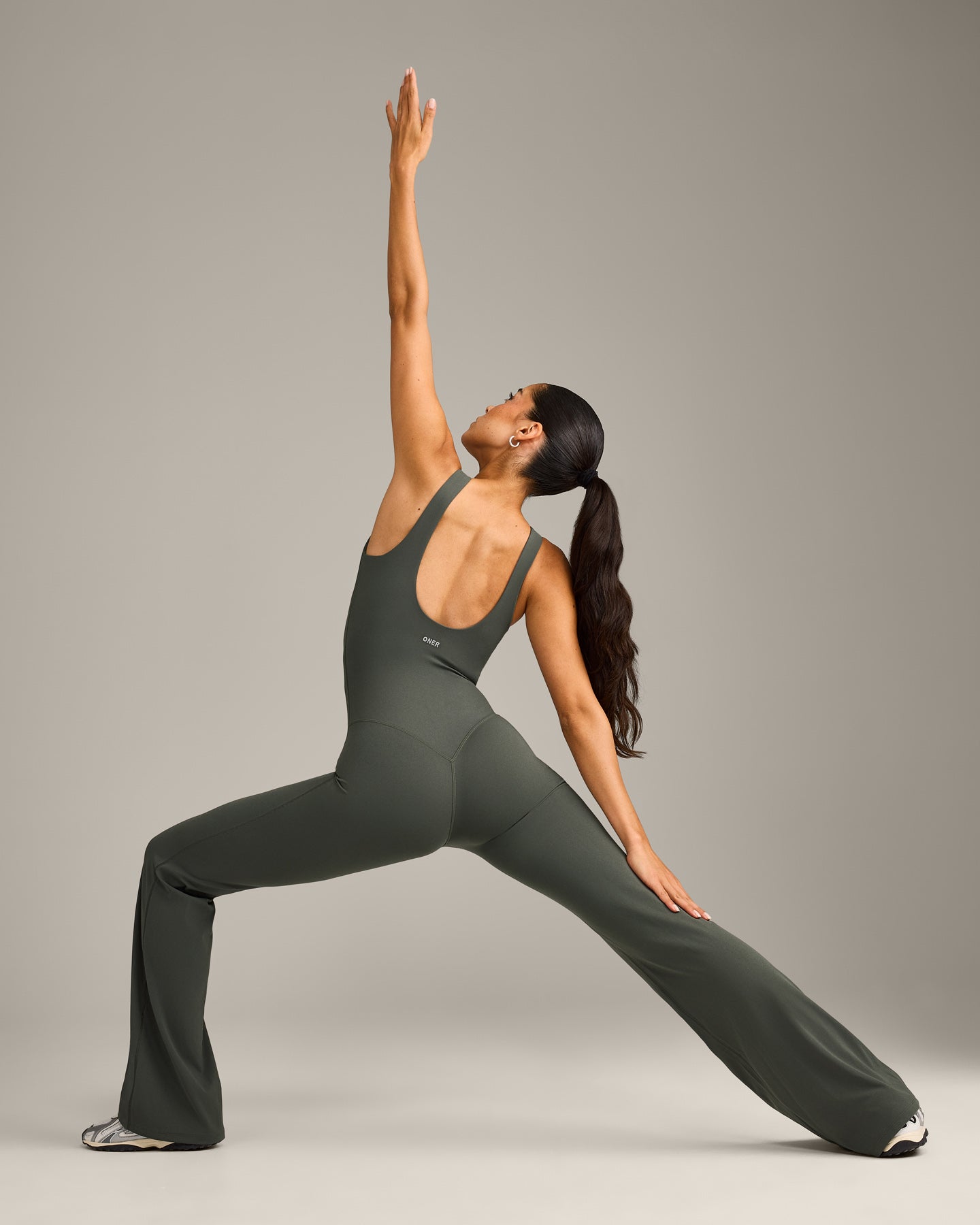 SoftMotion™ Scoop Back Flared All In One Long with Gray Logo | Dark Khaki