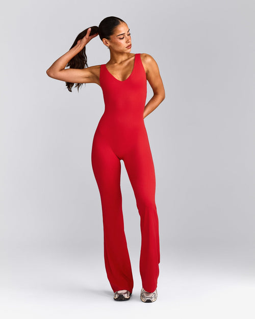 SoftMotion™ Scoop Back Flared All In One Long with Gray Logo | Fiery Red