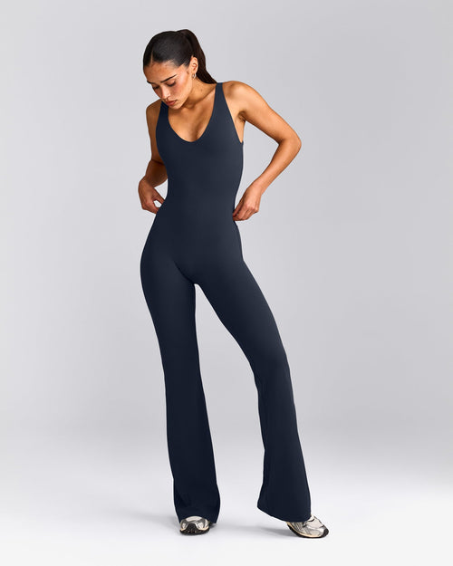 SoftMotion™ Scoop Back Flared All In One Long with Gray Logo | True Blue