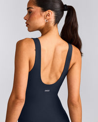 SoftMotion™ Scoop Back Flared All In One Long with Gray Logo | True Blue