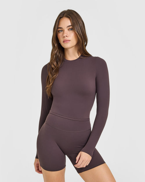 Oner Modal SoftMotion™ Long Sleeve Mid Top with White Logo | Dark Umber Brown