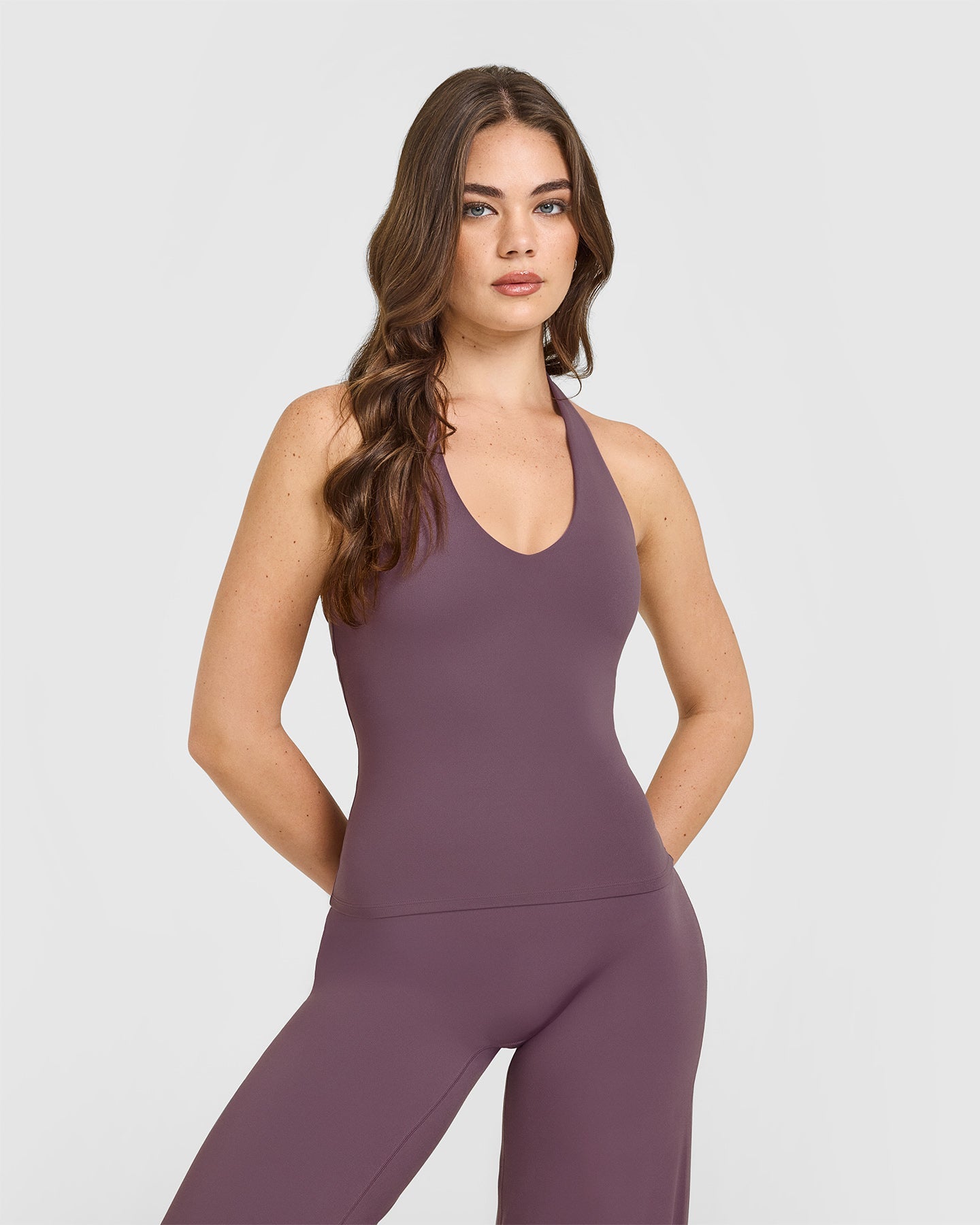 SoftMotion™ Halter Neck Vest with Built in Bra Shelf with White Logo | Vintage Purple