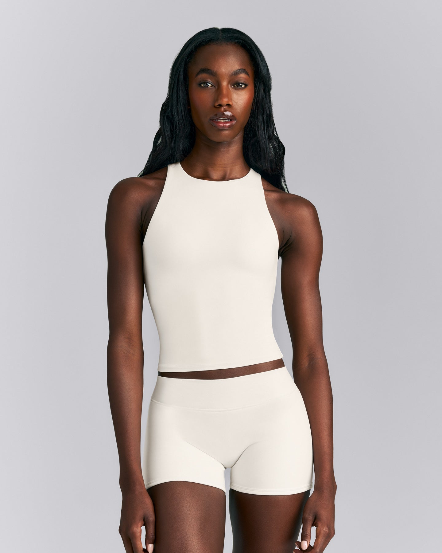 SoftMotion™ High Neck Mid Tank with Built in Bra Shelf | Marshmallow White