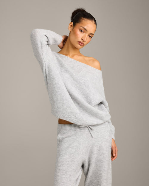 Oversized Knit Off-The-Shoulder Sweater | Light Gray Marl