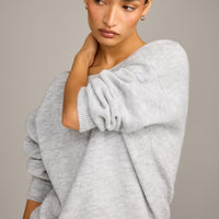 Oversized Knit Off-The-Shoulder Sweater | Light Gray Marl