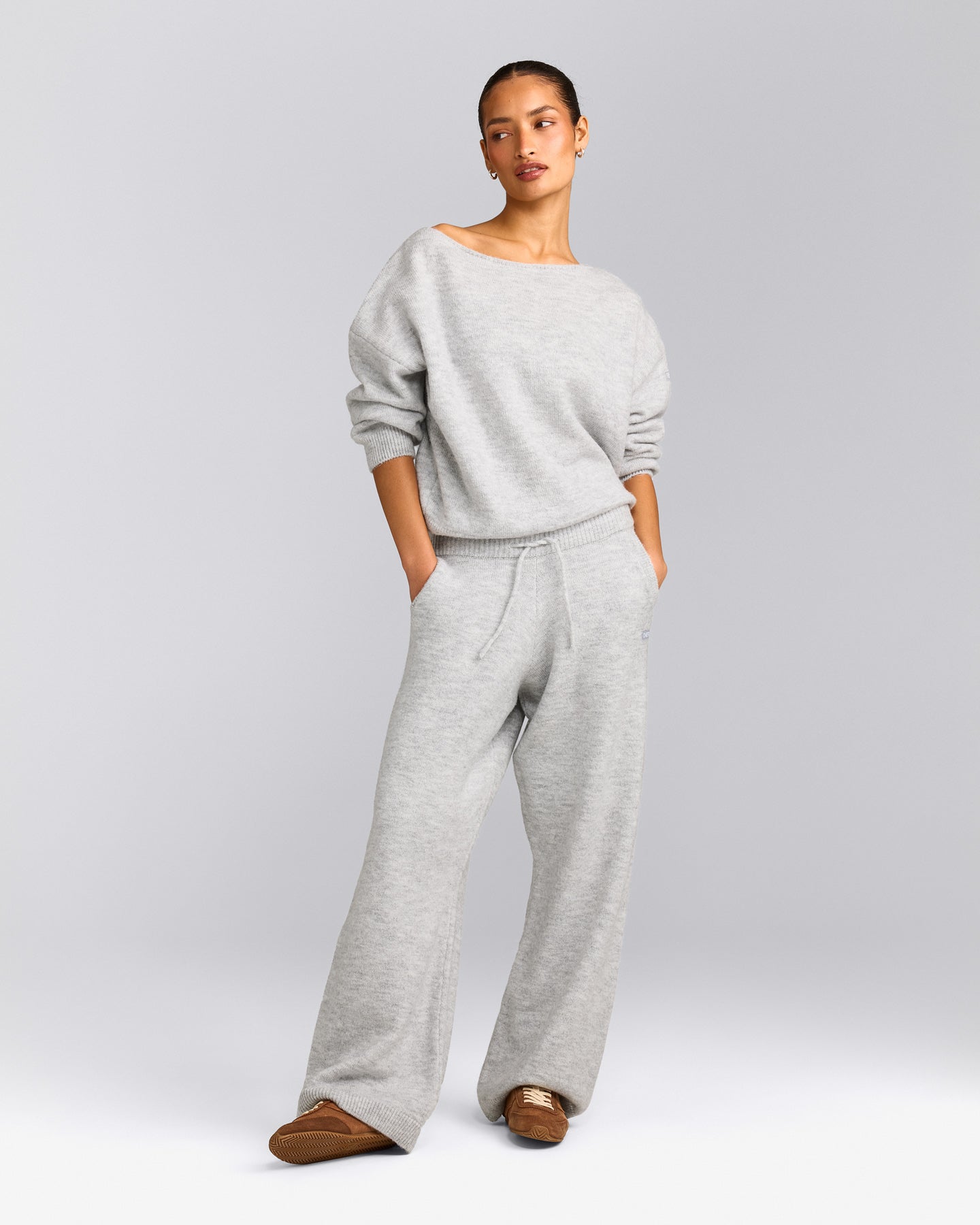 Oversized Knit Straight Leg Pants | Light Gray Marl