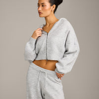 Oversized Knit Zip Up Mid Hoodie | Light Gray Marl