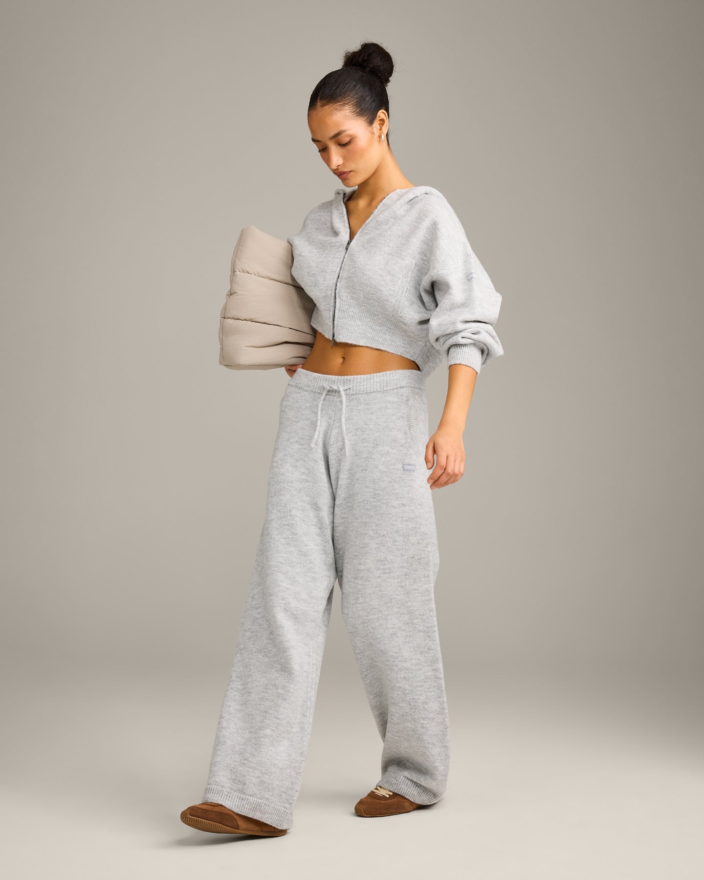 Oversized Knit Zip Up Mid Hoodie | Light Gray Marl