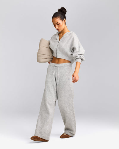 Oversized Knit Zip Up Mid Hoodie | Light Gray Marl