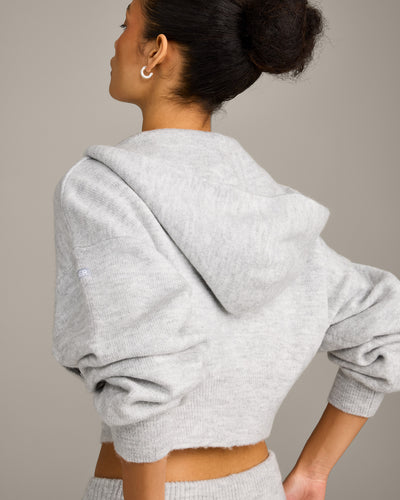 Oversized Knit Zip Up Mid Hoodie | Light Gray Marl