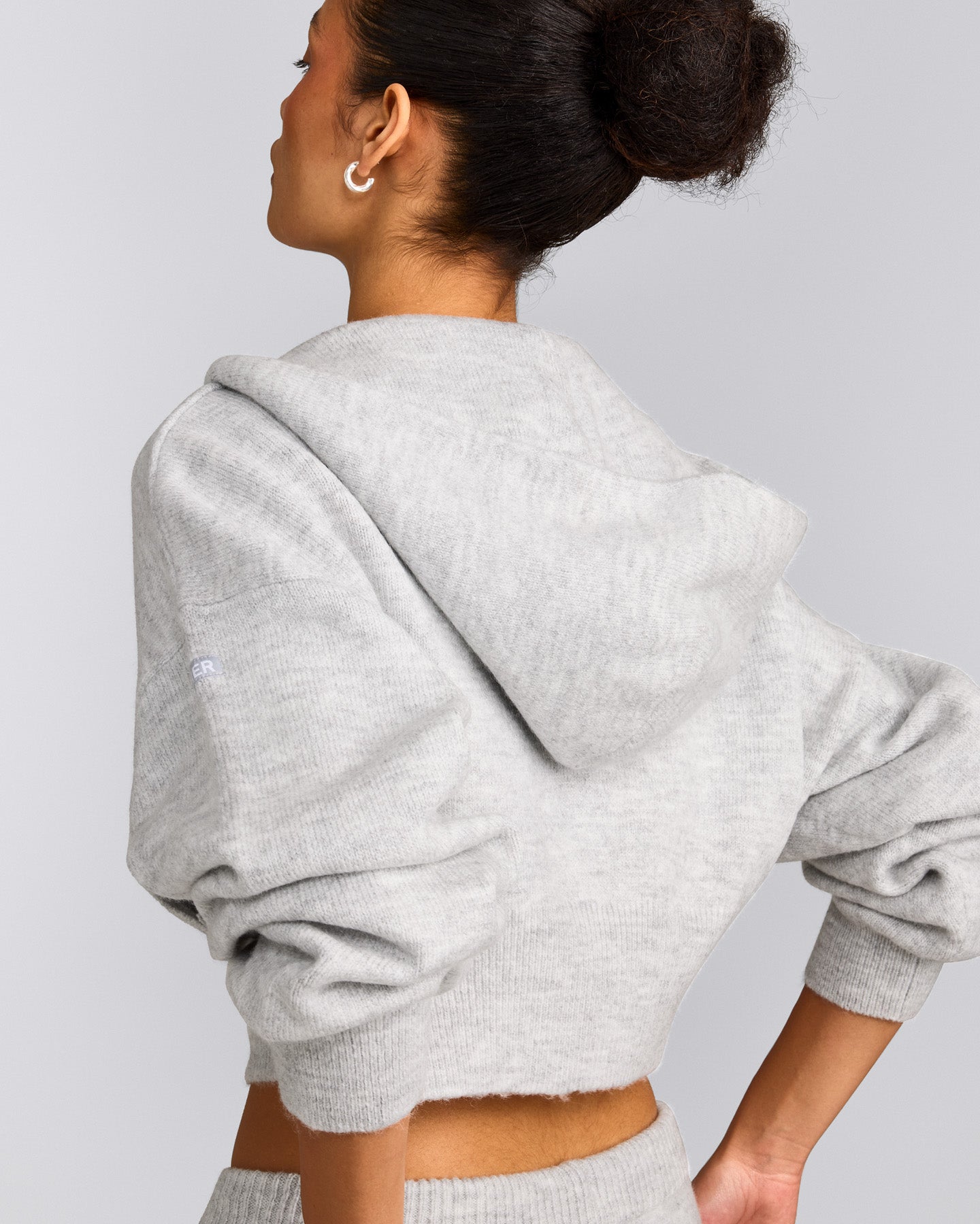 Oversized Knit Zip Up Mid Hoodie | Light Gray Marl