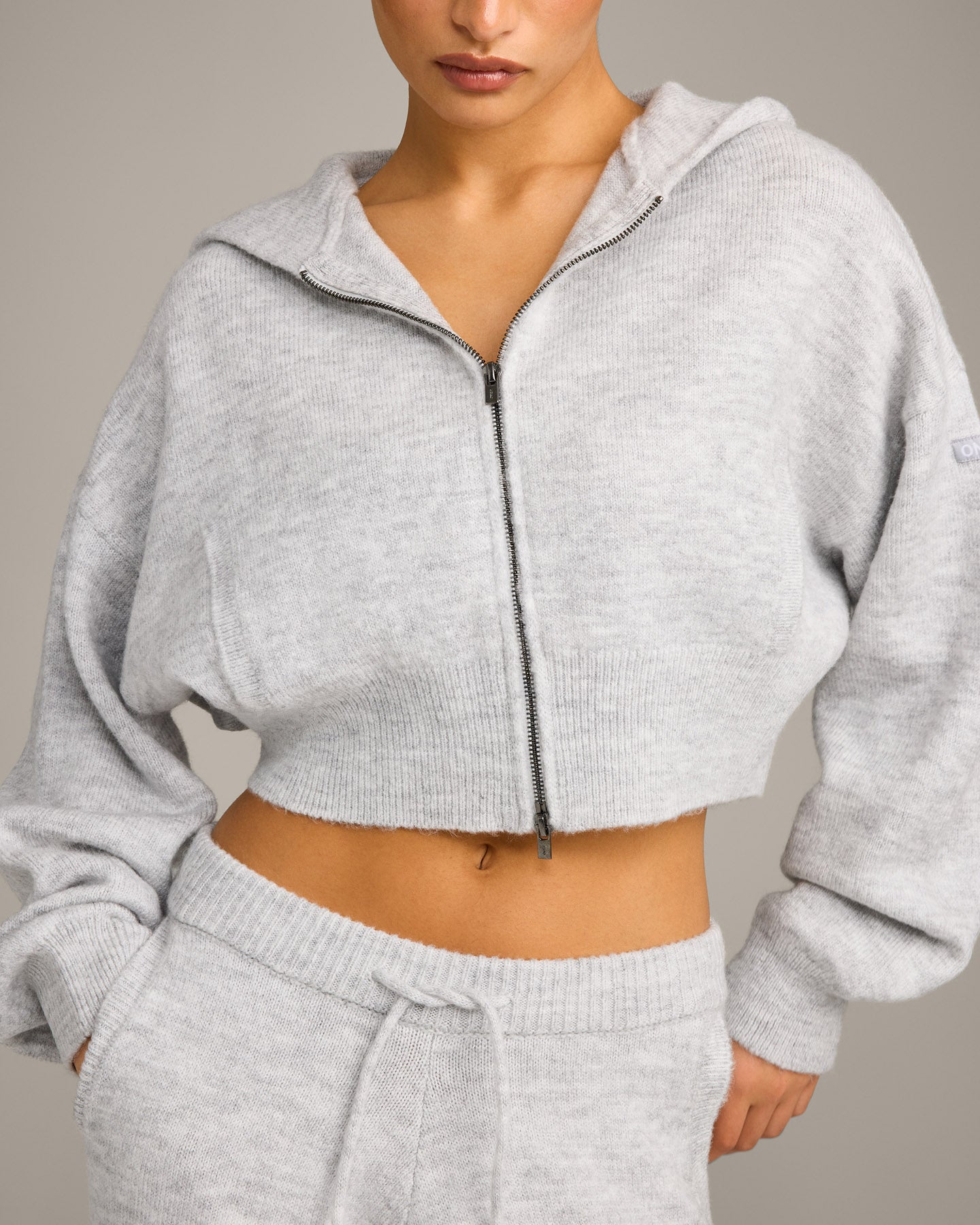Oversized Knit Zip Up Mid Hoodie | Light Gray Marl