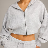 Oversized Knit Zip Up Mid Hoodie | Light Gray Marl