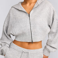 Oversized Knit Zip Up Mid Hoodie | Light Gray Marl