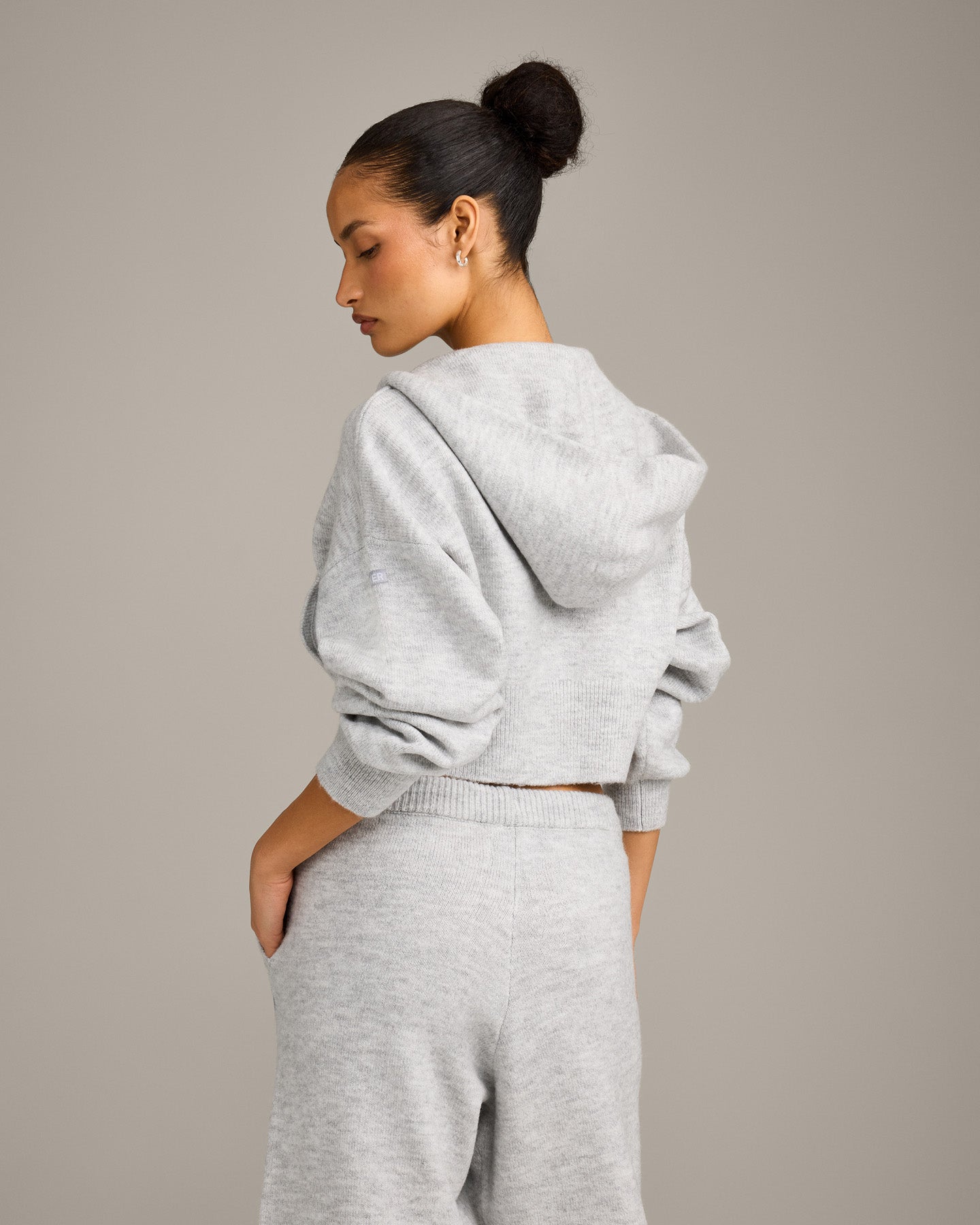 Oversized Knit Zip Up Mid Hoodie | Light Gray Marl