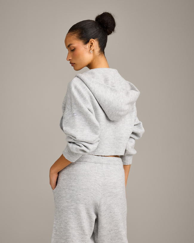 Oversized Knit Zip Up Mid Hoodie | Light Gray Marl