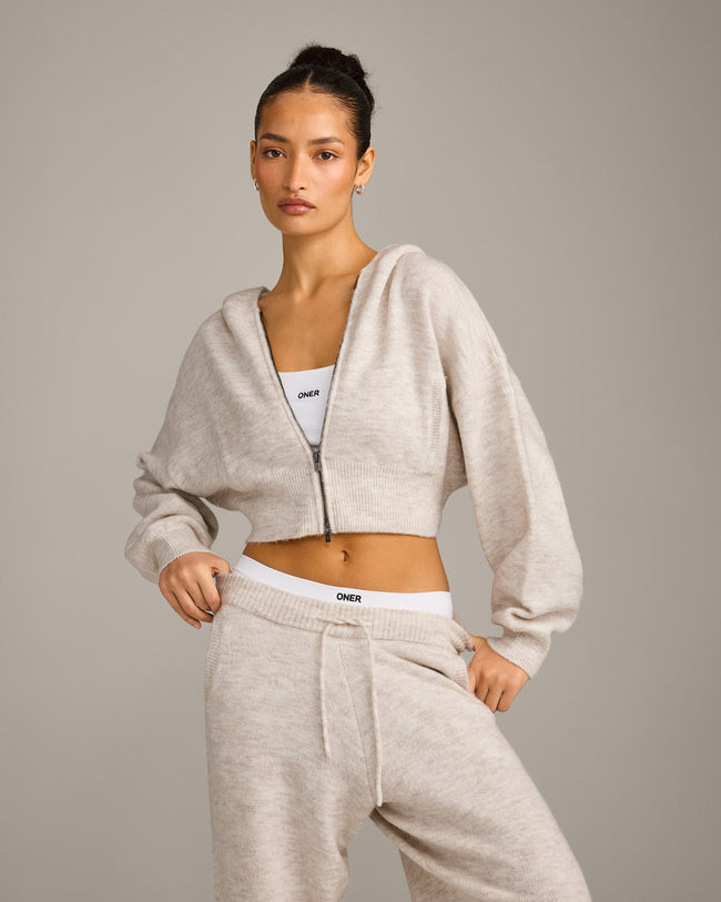 Oversized Knit Zip Up Mid Hoodie | Oat Marl