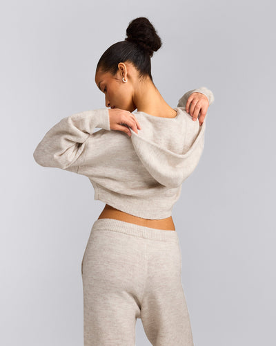 Oversized Knit Zip Up Mid Hoodie | Oat Marl