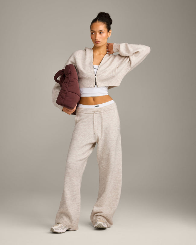 Oversized Knit Zip Up Mid Hoodie | Oat Marl