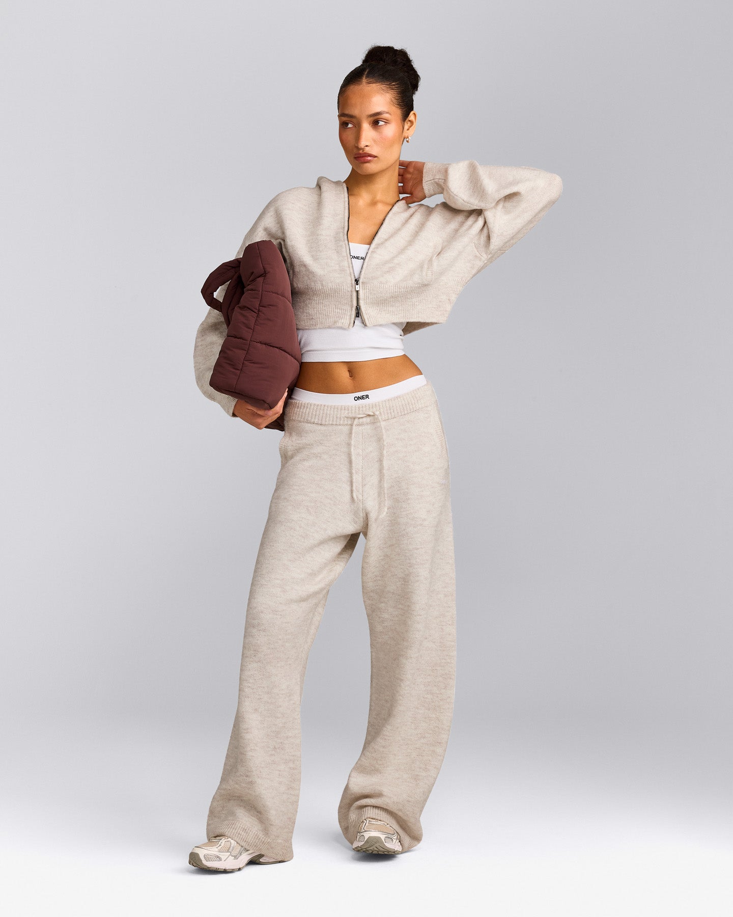 Oversized Knit Zip Up Mid Hoodie | Oat Marl