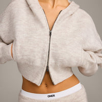 Oversized Knit Zip Up Mid Hoodie | Oat Marl