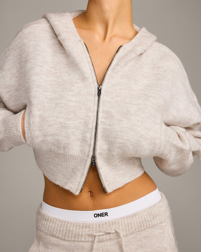 Oversized Knit Zip Up Mid Hoodie | Oat Marl