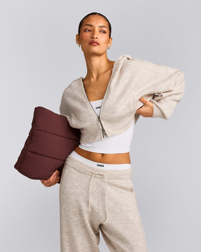 Oversized Knit Zip Up Mid Hoodie | Oat Marl