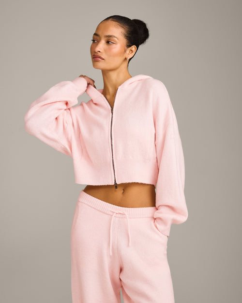 Oversized Knit Zip Up Mid Hoodie | Soft Girl Pink
