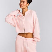 Oversized Knit Zip Up Mid Hoodie | Soft Girl Pink
