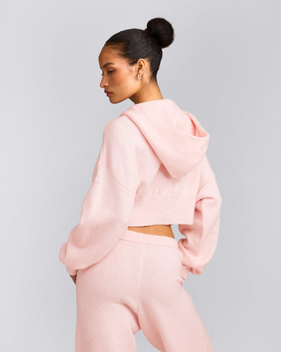 Oversized Knit Zip Up Mid Hoodie | Soft Girl Pink