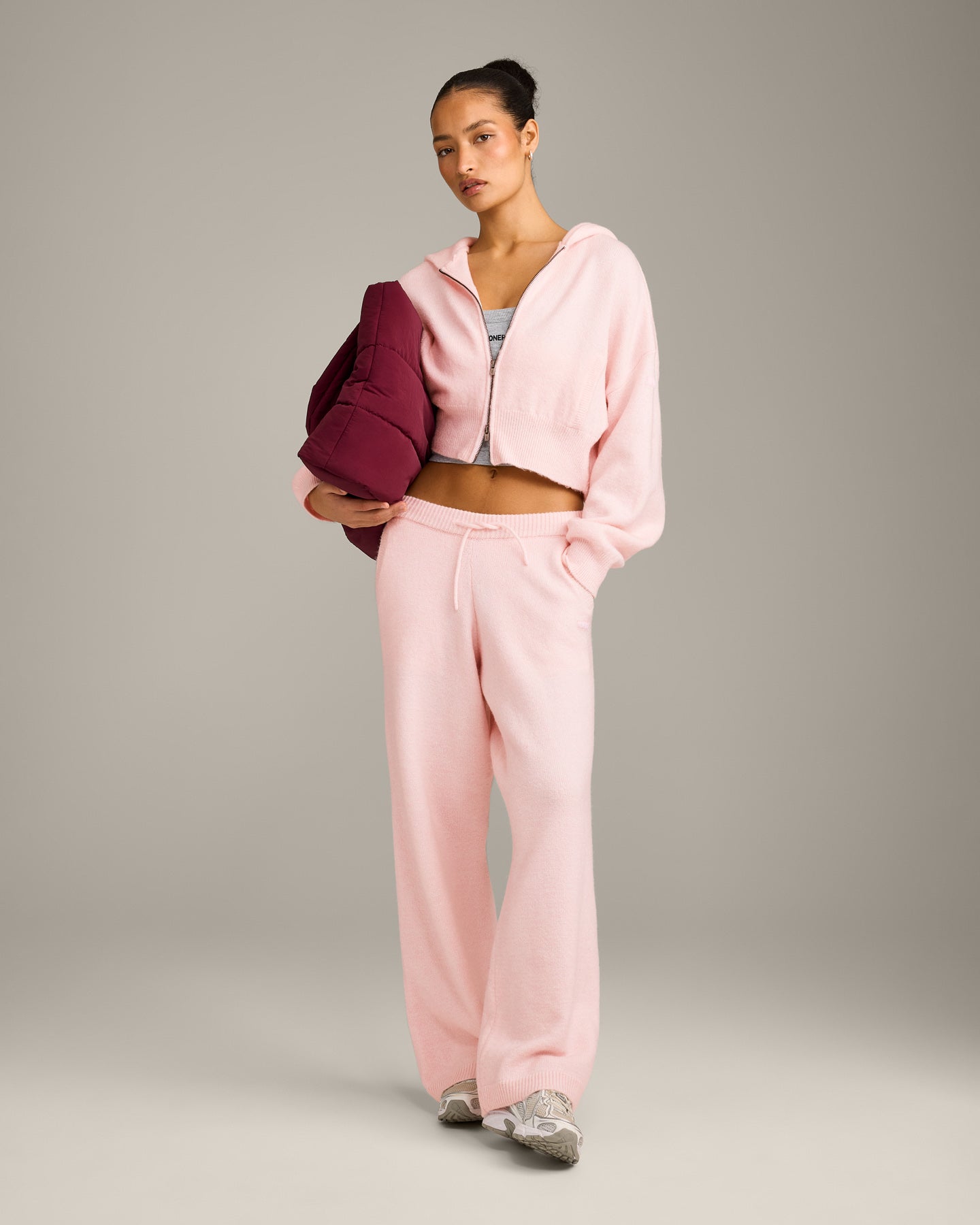 Oversized Knit Zip Through Mid Hoodie | Soft Girl Pink