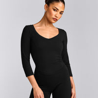Mellow™ Motion Wide V Neck 3/4 Length Sleeve Mid Top | Black