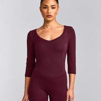 Mellow™ Motion Wide V Neck 3/4 Length Sleeve Mid Top | Cherry Lacquer Purple