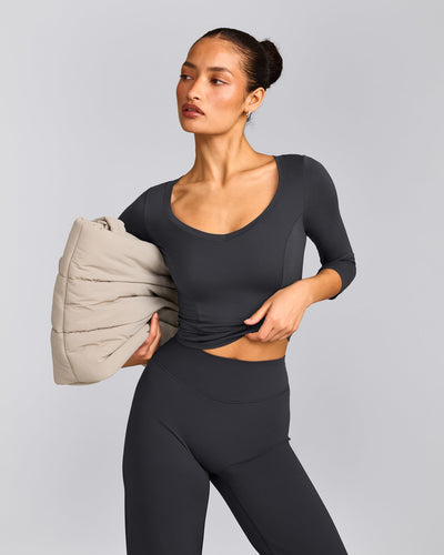 Mellow™ Motion Wide V Neck 3/4 Length Sleeve Mid Top | Coal