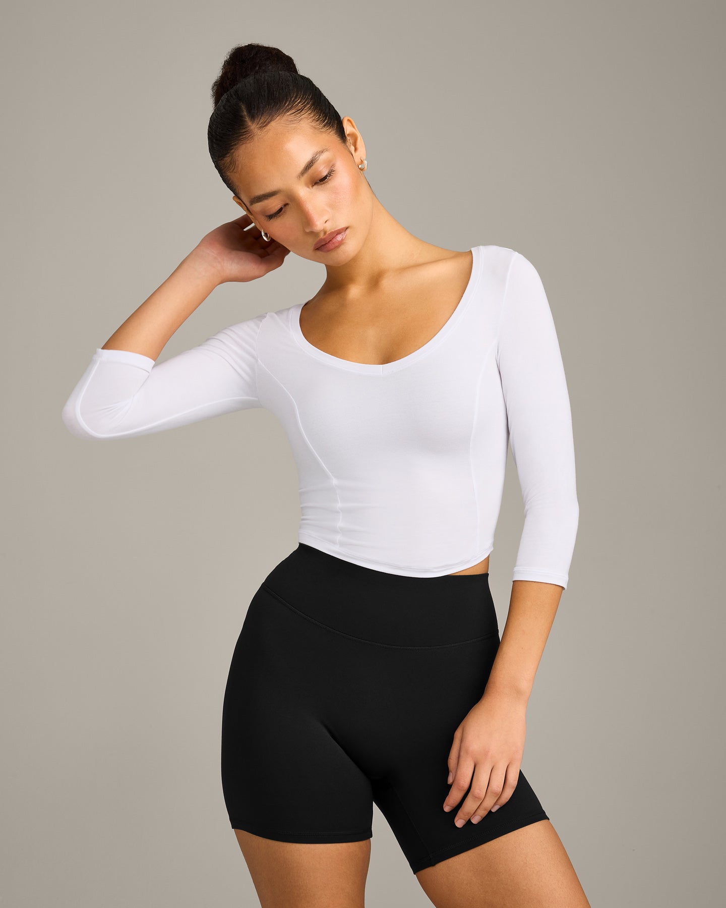 Mellow™ Motion Wide V-Neck 3/4 Length Sleeve Mid Top | White