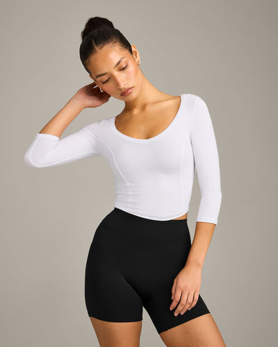 Mellow™ Motion Wide V-Neck 3/4 Length Sleeve Mid Top | White