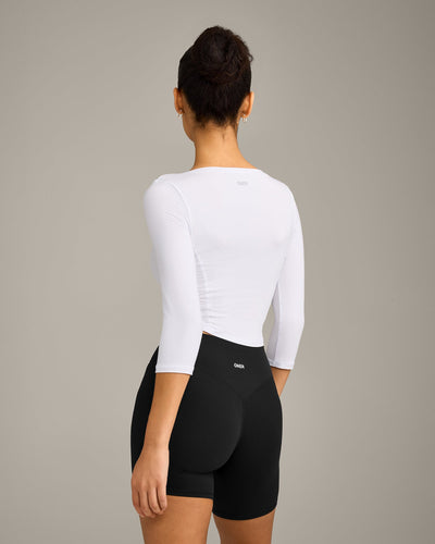 Mellow™ Motion Wide V-Neck 3/4 Length Sleeve Mid Top | White