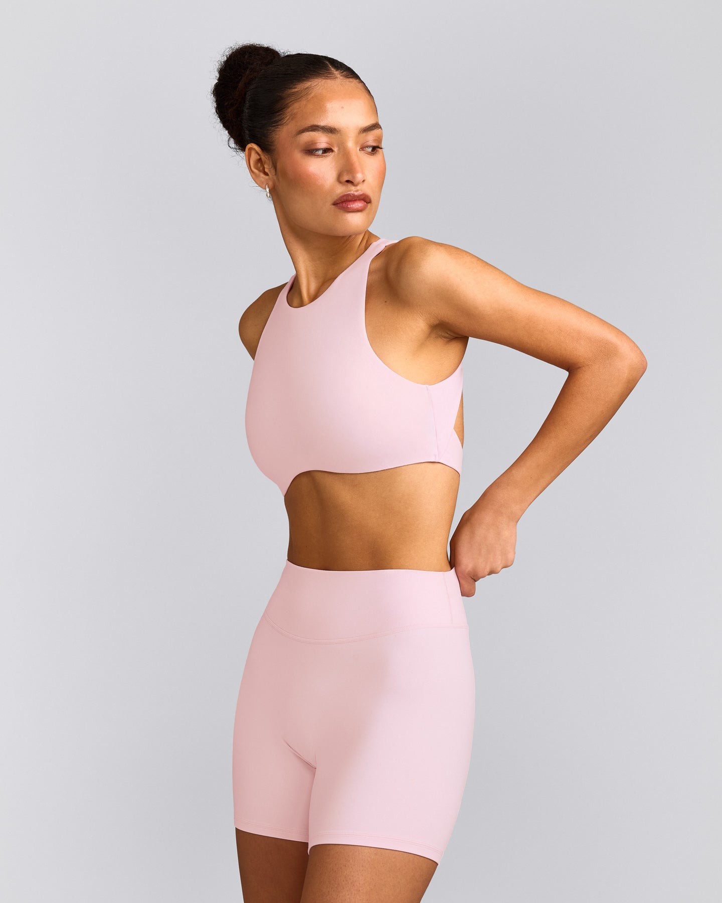SoftMotion™ High Neck Sports Bra with Gray Logo | Soft Girl Pink