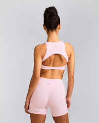 SoftMotion™ High Neck Sports Bra with Gray Logo | Soft Girl Pink