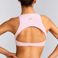 SoftMotion™ High Neck Sports Bra with Gray Logo | Soft Girl Pink