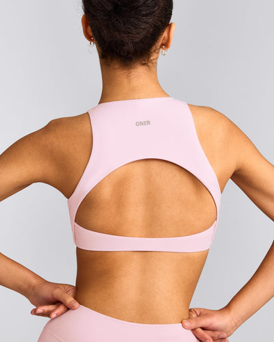 SoftMotion™ High Neck Sports Bra with Gray Logo | Soft Girl Pink