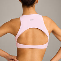 SoftMotion™ High Neck Sports Bra with Gray Logo | Soft Girl Pink