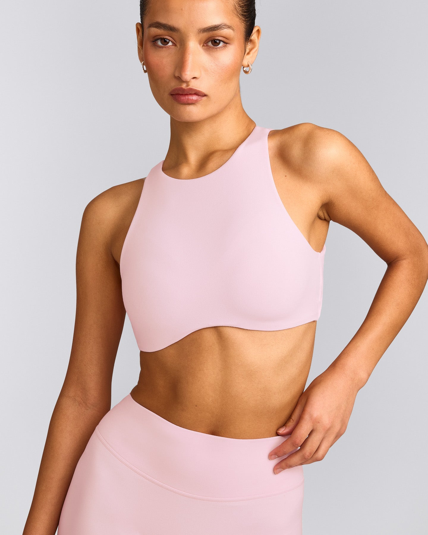 SoftMotion™ High Neck Sports Bra with Gray Logo | Soft Girl Pink