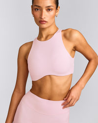 SoftMotion™ High Neck Sports Bra with Gray Logo | Soft Girl Pink