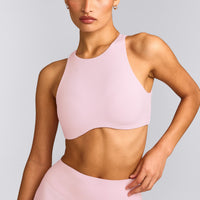 SoftMotion™ High Neck Sports Bra with Gray Logo | Soft Girl Pink