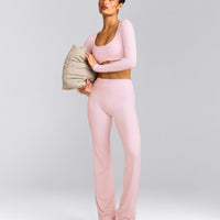 SoftMotion™ Flared Pants with Gray Logo | Soft Girl Pink